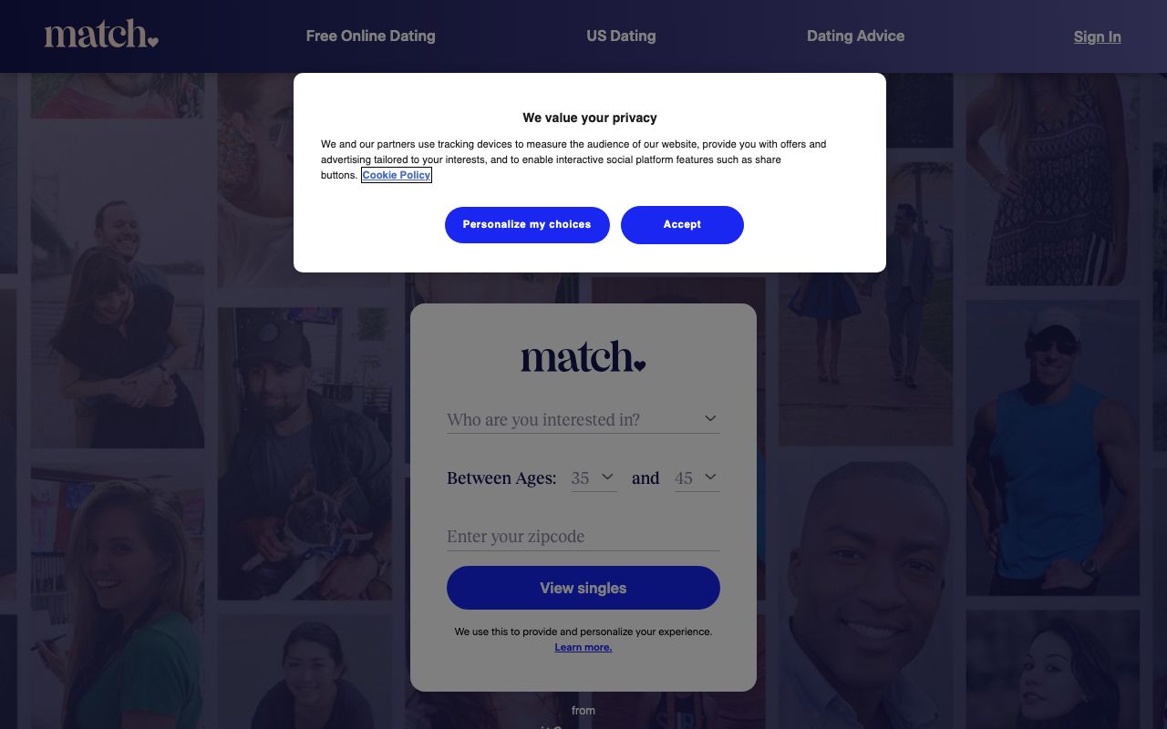Match.com homepage