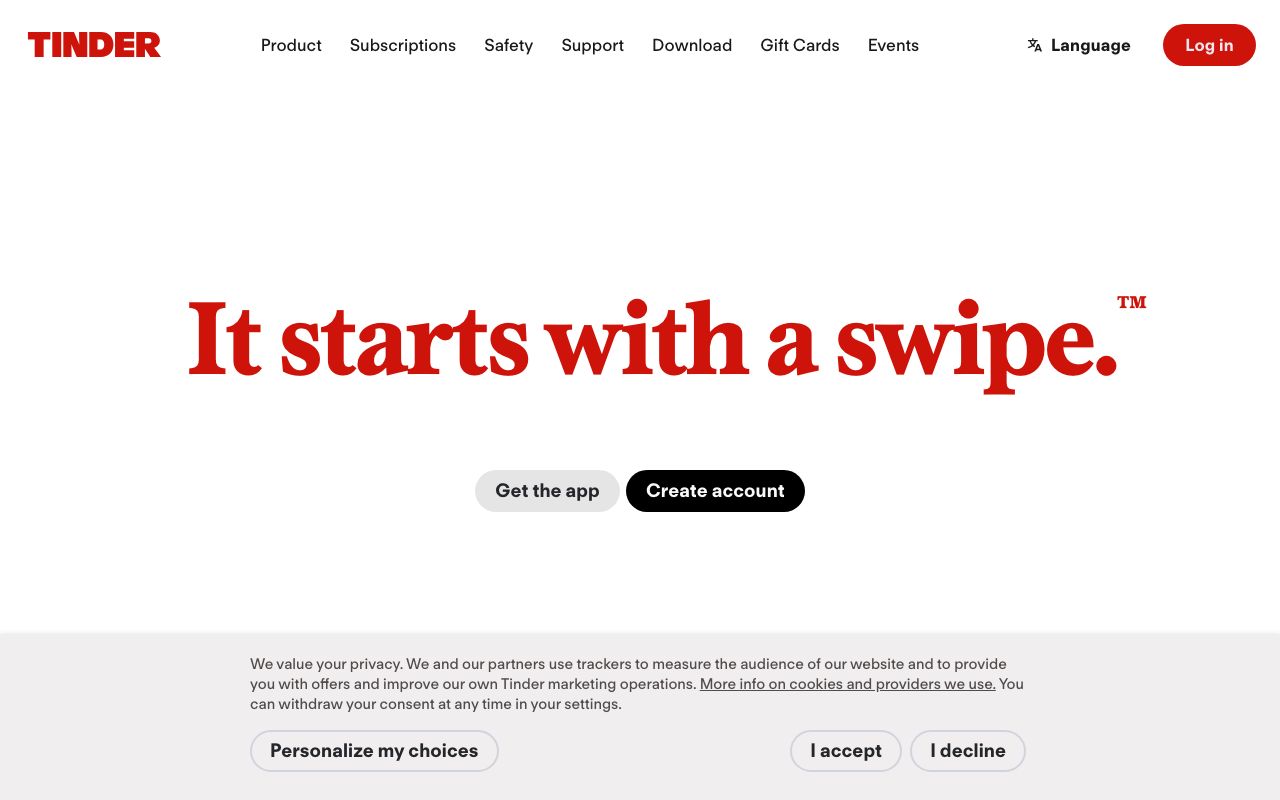 Tinder homepage